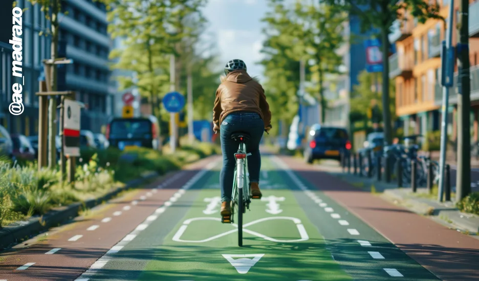 Ciclista circulando por un carril bici señalizado en Barcelona